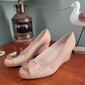 Stuart Weitzman Bucalina Size 8 Wedge Pumps Tan Lizard Embossed Leather Shoes